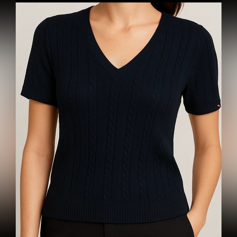 YUKA Wom XL short sleeve V‎ neck woven knit sweater Wool Angora Blend cable knit